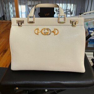 Gucci New GG Zumi Logo Horsebit Grain Leather Top Handle Purse/Whit Shoulder Bag
